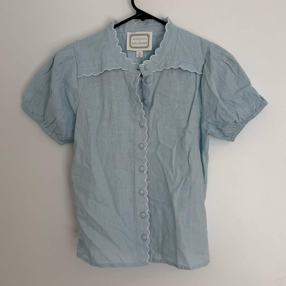 Sail to Sable Light Blue Short Sleeve Scalloped Button Down